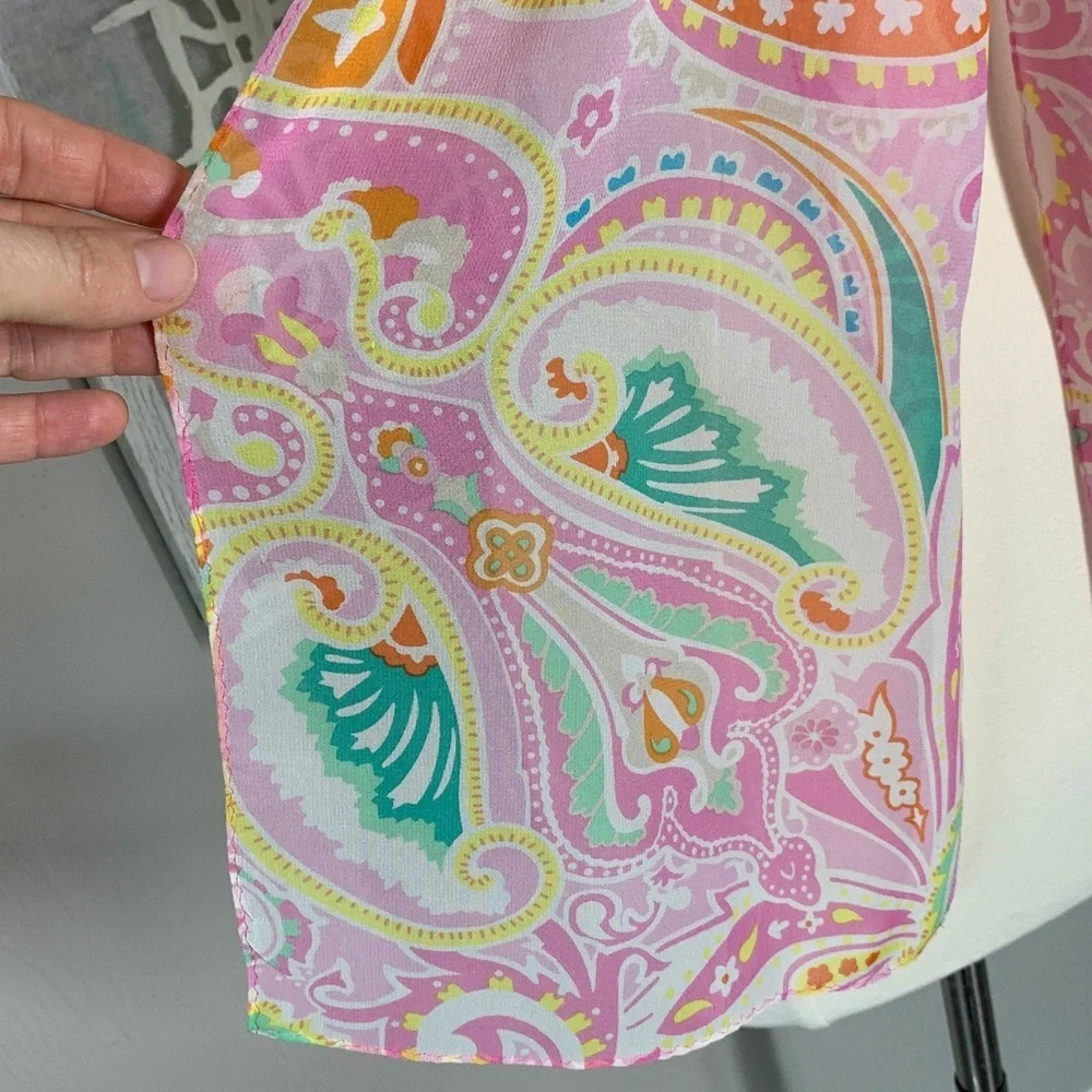 New York and Co pink, green, yellow and orange paisley print silk scarf